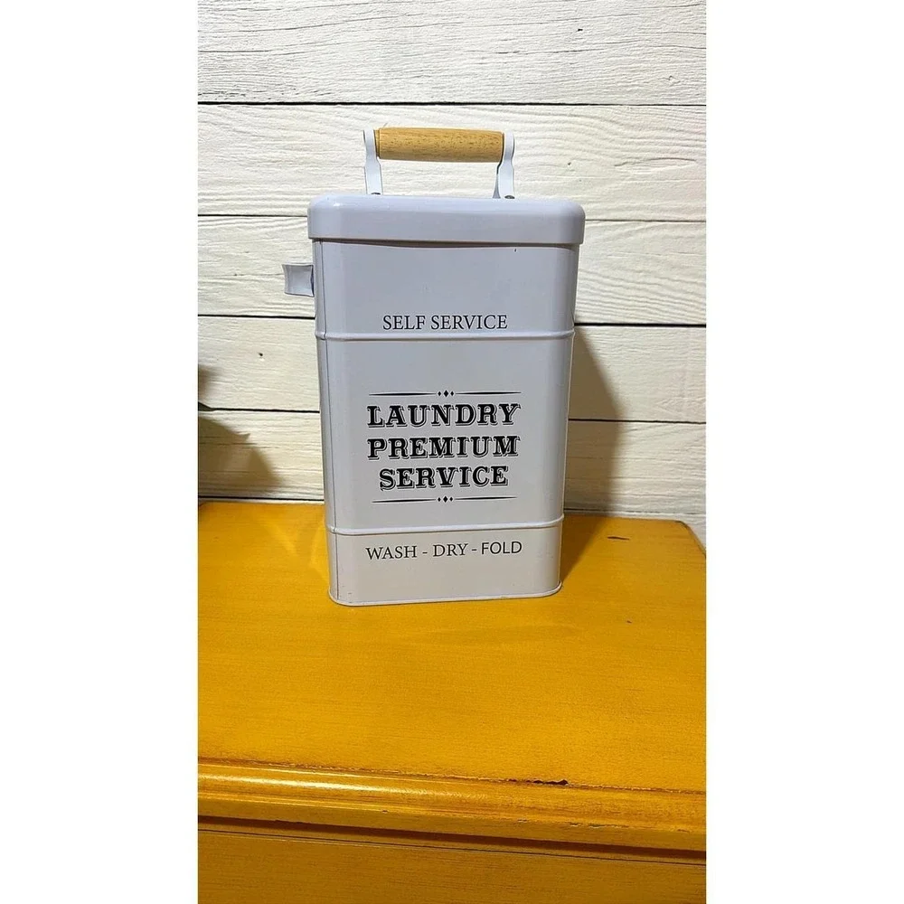 White Metal Laundry Room Storage Bin Farmhouse Decor Wood Handle Tin Canister